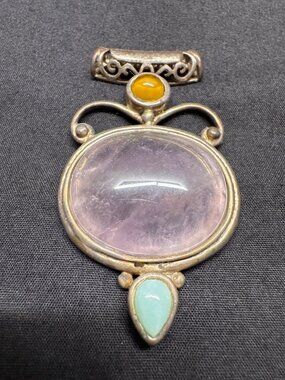 Vintage Gemstone Pendant With Amethyst Turquoise & Amber Accents Ornate Silver S